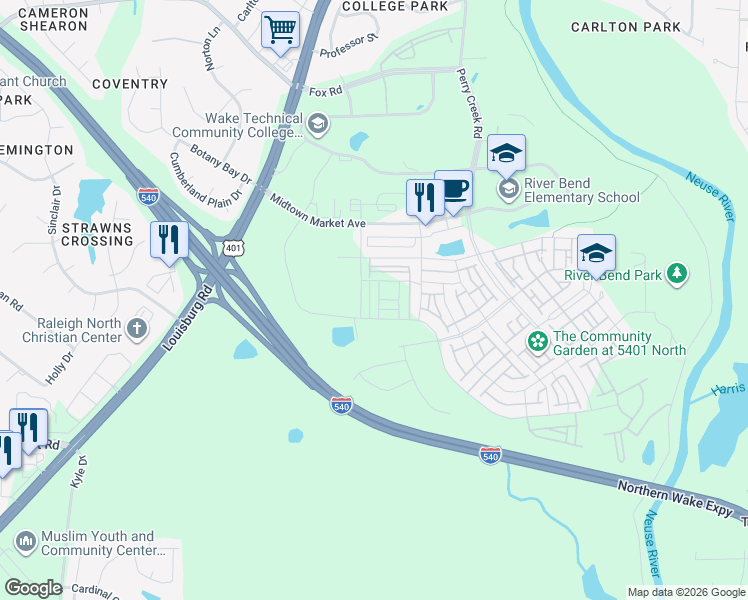 map of restaurants, bars, coffee shops, grocery stores, and more near Northern Wake Expressway in Raleigh