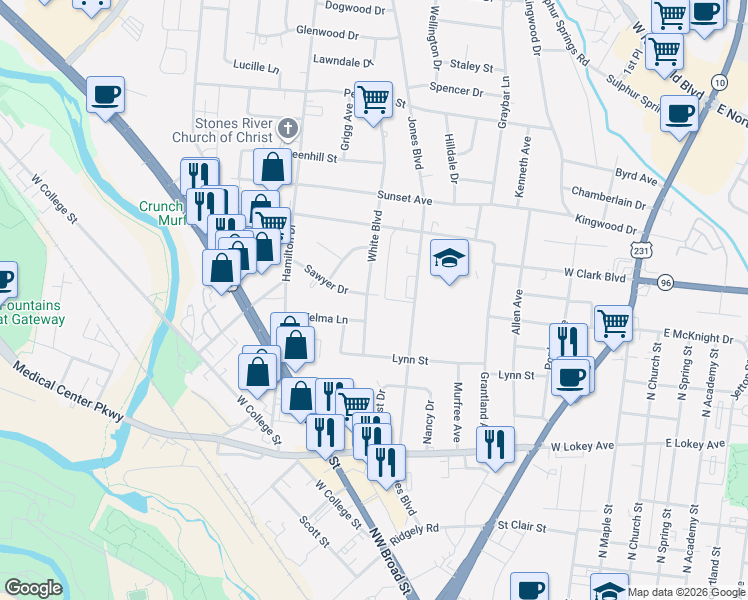 map of restaurants, bars, coffee shops, grocery stores, and more near 1124 White Boulevard in Murfreesboro
