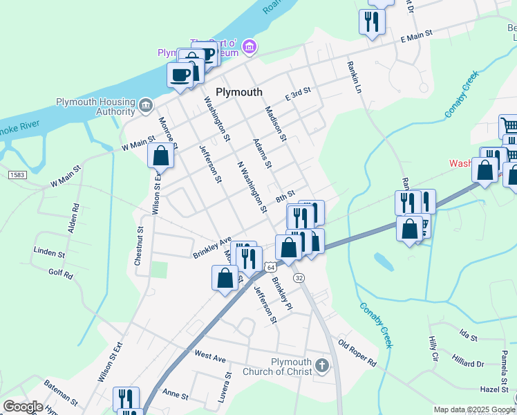 map of restaurants, bars, coffee shops, grocery stores, and more near 527 Washington Street in Plymouth