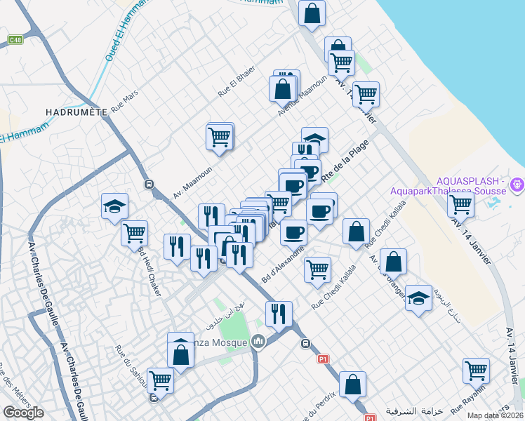 map of restaurants, bars, coffee shops, grocery stores, and more near Rue du Cham in Susah