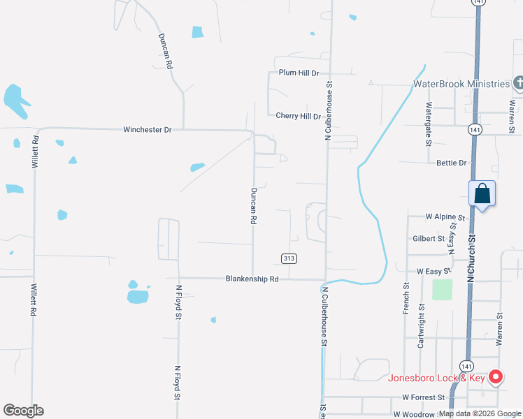 map of restaurants, bars, coffee shops, grocery stores, and more near 1612 Duncan Road in Jonesboro