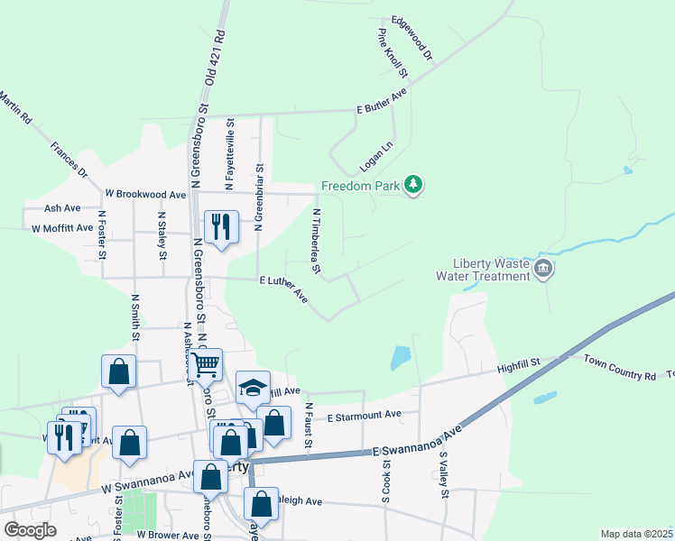 map of restaurants, bars, coffee shops, grocery stores, and more near 407 Dogwood Drive in Liberty