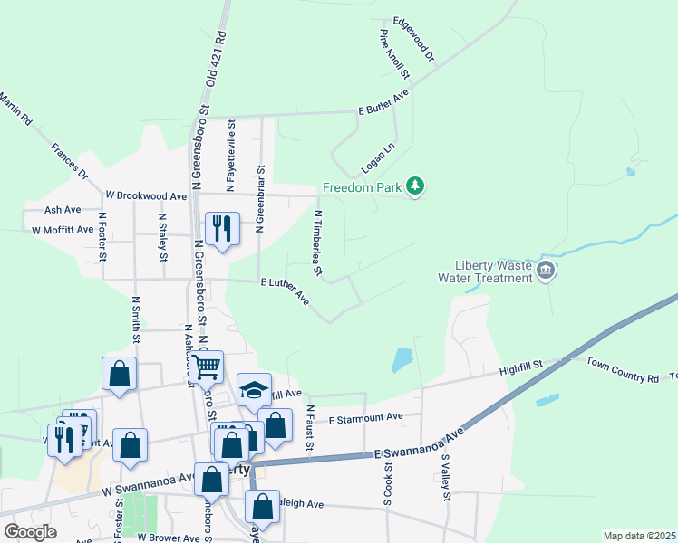 map of restaurants, bars, coffee shops, grocery stores, and more near 407 Dogwood Drive in Liberty