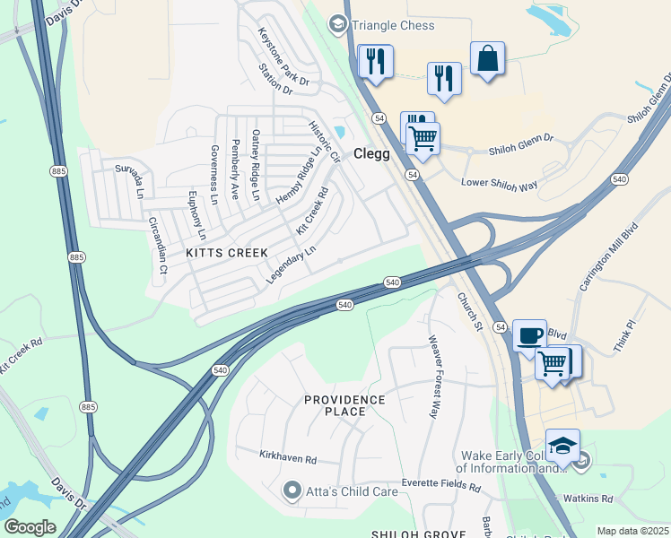 map of restaurants, bars, coffee shops, grocery stores, and more near 433 Durants Neck Lane in Morrisville