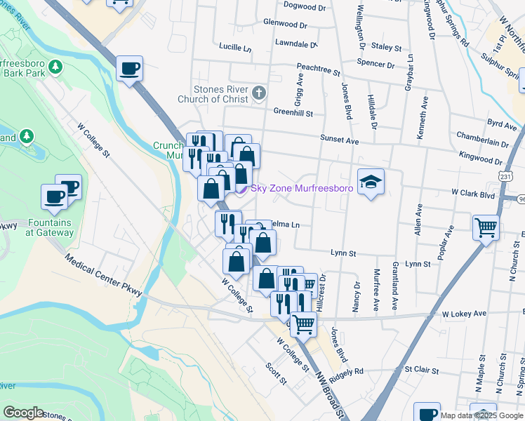 map of restaurants, bars, coffee shops, grocery stores, and more near 918 Velma Lane in Murfreesboro
