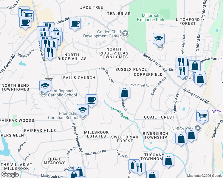 map of restaurants, bars, coffee shops, grocery stores, and more near 5810 Sentinel Drive in Raleigh