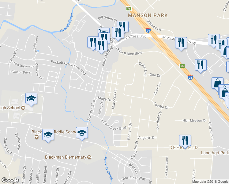 map of restaurants, bars, coffee shops, grocery stores, and more near 923 Maricopa Drive in Murfreesboro