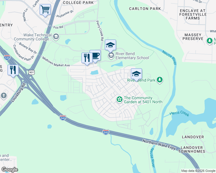 map of restaurants, bars, coffee shops, grocery stores, and more near 5305 Beckom Street in Raleigh