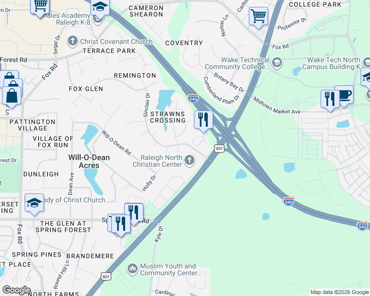 map of restaurants, bars, coffee shops, grocery stores, and more near 5200 Sinclair Drive in Raleigh