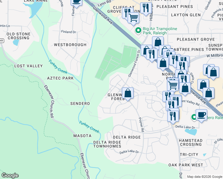 map of restaurants, bars, coffee shops, grocery stores, and more near 5903 Hourglass Court in Raleigh
