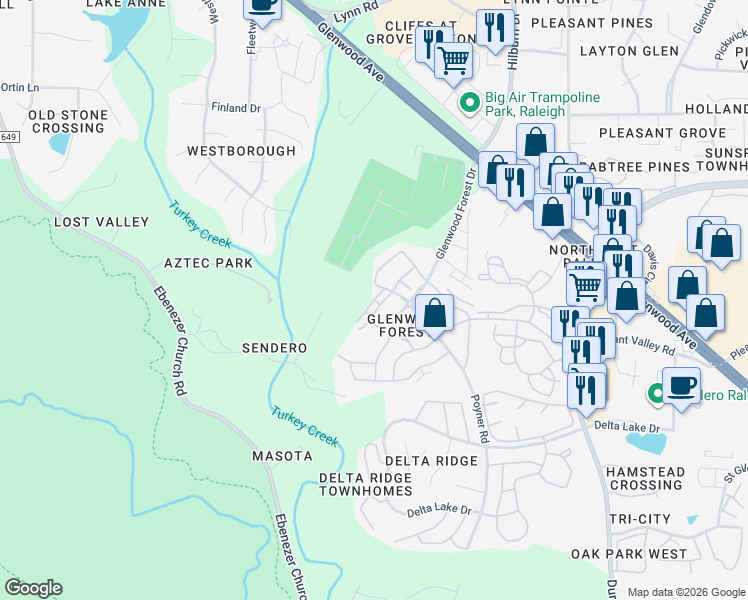map of restaurants, bars, coffee shops, grocery stores, and more near 5925 Hourglass Court in Raleigh