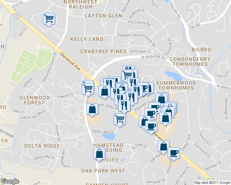 map of restaurants, bars, coffee shops, grocery stores, and more near 6612 Glenwood Avenue in Raleigh