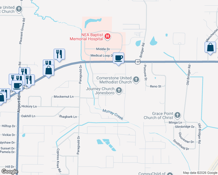 map of restaurants, bars, coffee shops, grocery stores, and more near 4510 Mockernut Lane in Jonesboro