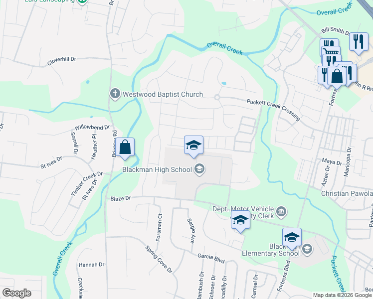 map of restaurants, bars, coffee shops, grocery stores, and more near 3956 Blaze Drive in Murfreesboro