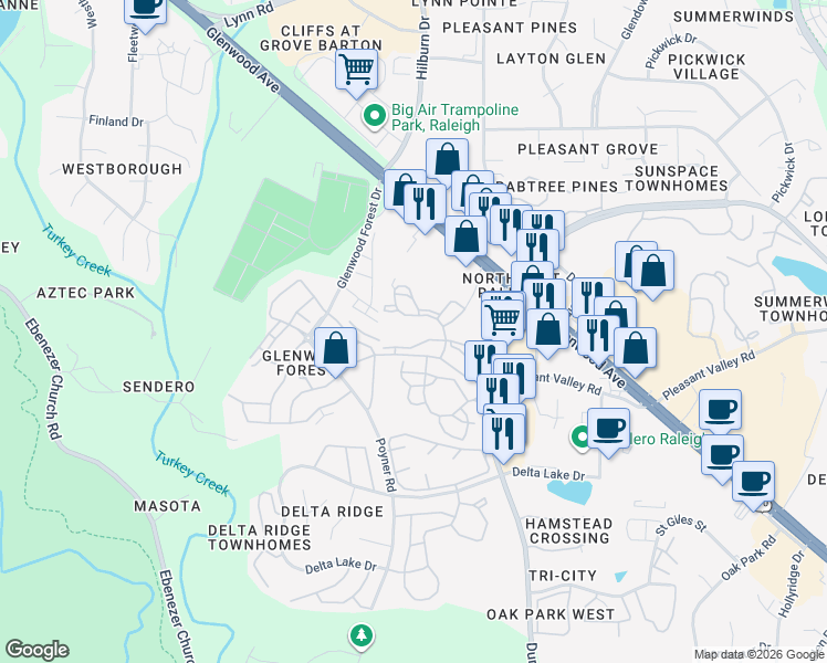 map of restaurants, bars, coffee shops, grocery stores, and more near 6100 Barrowood Drive in Raleigh