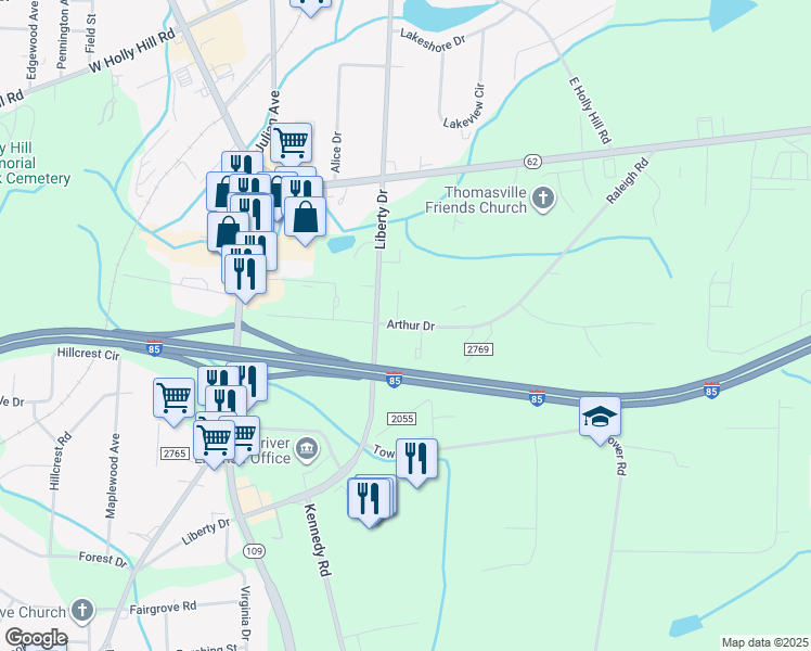 map of restaurants, bars, coffee shops, grocery stores, and more near 210 Arthur Drive in Thomasville