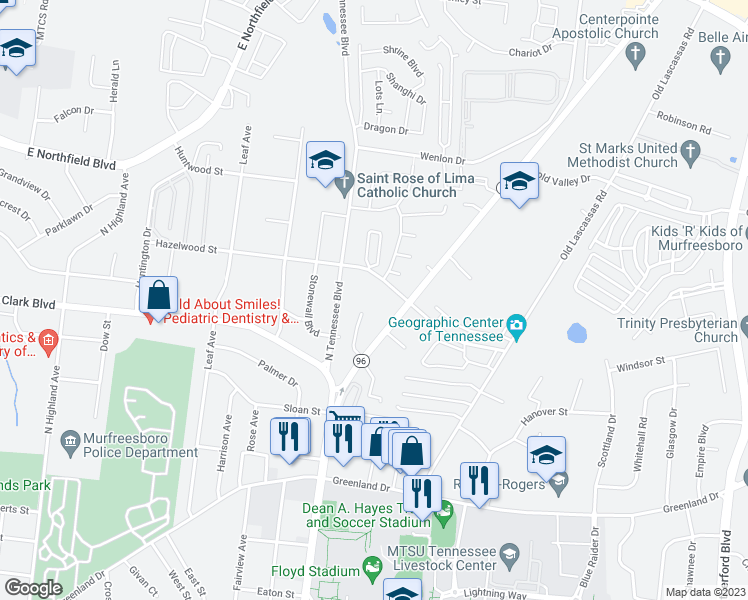 map of restaurants, bars, coffee shops, grocery stores, and more near 1455 Lascassas Pike in Murfreesboro