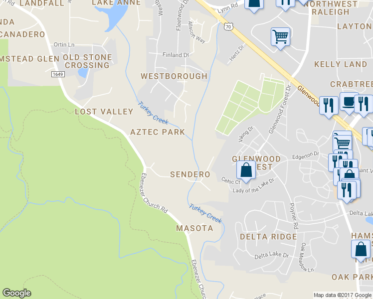 map of restaurants, bars, coffee shops, grocery stores, and more near 5412 Aztec Drive in Raleigh