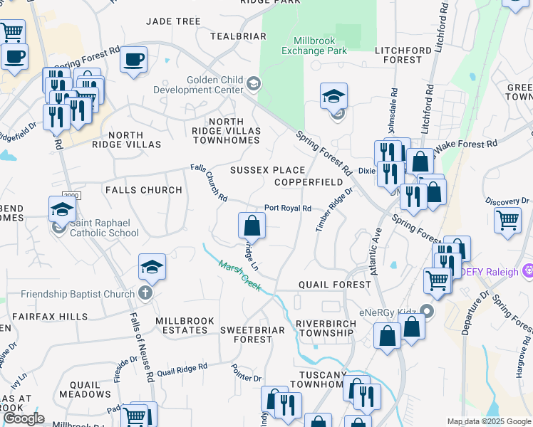 map of restaurants, bars, coffee shops, grocery stores, and more near 2002 Port Royal Road in Raleigh
