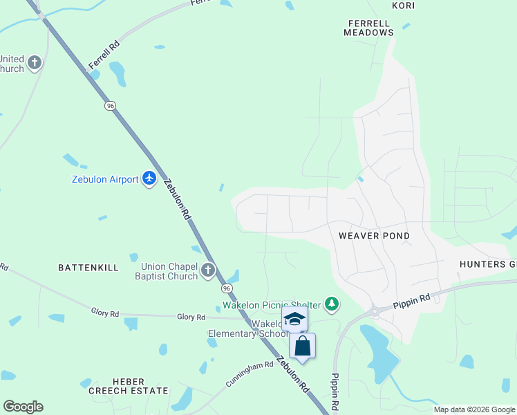 map of restaurants, bars, coffee shops, grocery stores, and more near 1809 Cleyera Court in Zebulon