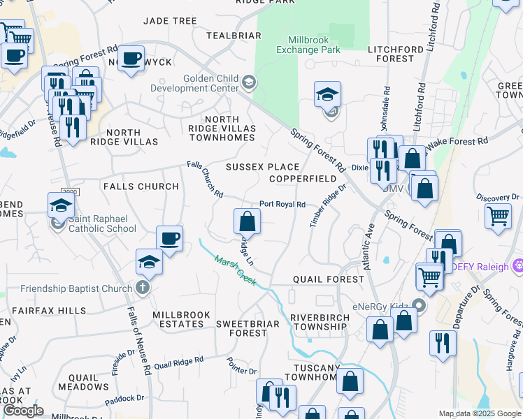map of restaurants, bars, coffee shops, grocery stores, and more near 2002 Port Royal Road in Raleigh