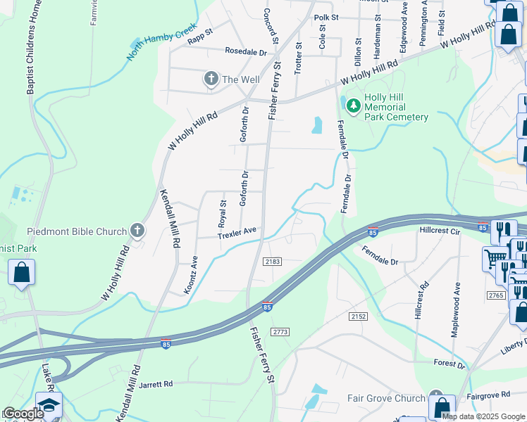 map of restaurants, bars, coffee shops, grocery stores, and more near Fisher Ferry Street in Thomasville