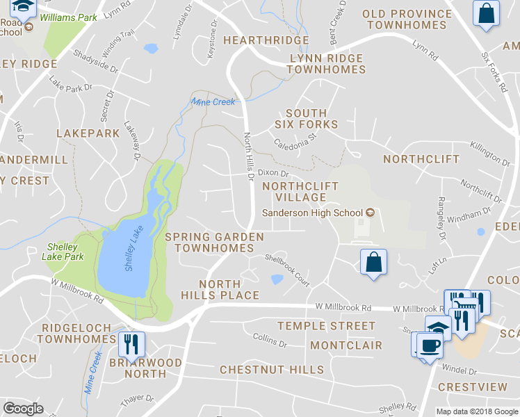 map of restaurants, bars, coffee shops, grocery stores, and more near 5916 North Hills Drive in Raleigh