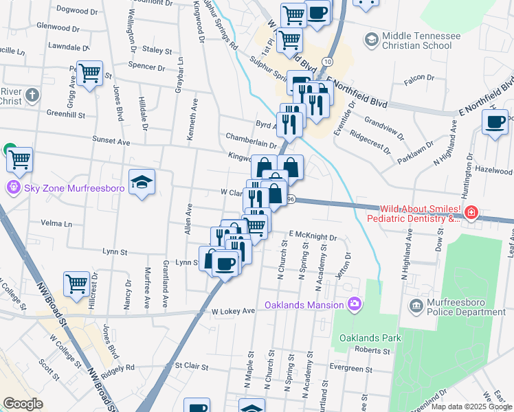map of restaurants, bars, coffee shops, grocery stores, and more near 1331 Memorial Boulevard in Murfreesboro
