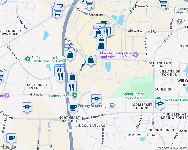 map of restaurants, bars, coffee shops, grocery stores, and more near 5400 Oak Forest Drive in Raleigh