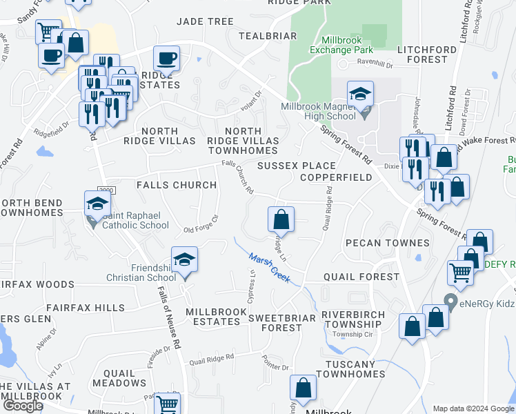map of restaurants, bars, coffee shops, grocery stores, and more near 5826 Sentinel Drive in Raleigh