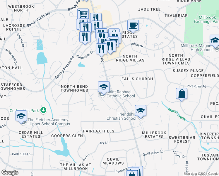 map of restaurants, bars, coffee shops, grocery stores, and more near 1209 Manassas Court in Raleigh