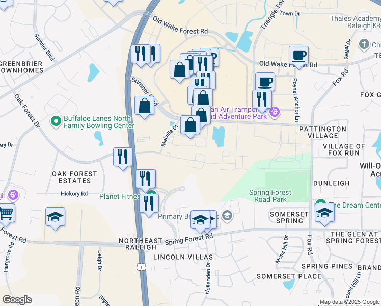 map of restaurants, bars, coffee shops, grocery stores, and more near 5400 Oak Forest Drive in Raleigh