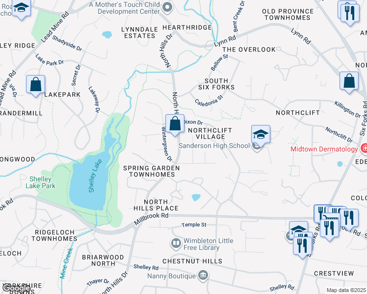map of restaurants, bars, coffee shops, grocery stores, and more near 5916 North Hills Drive in Raleigh