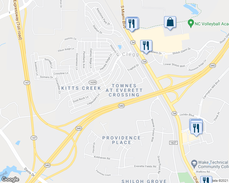 map of restaurants, bars, coffee shops, grocery stores, and more near 1344 Legendary Lane in Morrisville