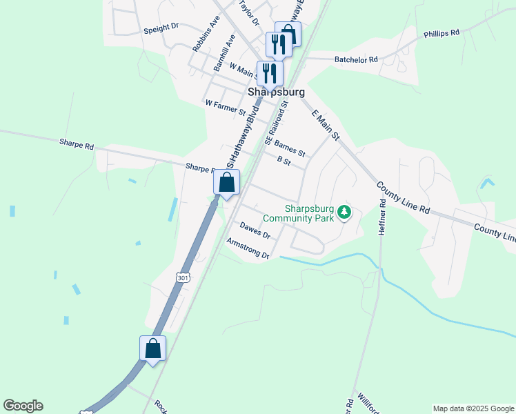 map of restaurants, bars, coffee shops, grocery stores, and more near in Sharpsburg