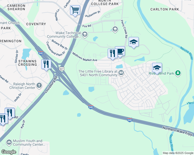 map of restaurants, bars, coffee shops, grocery stores, and more near 5100 Beardall Street in Raleigh