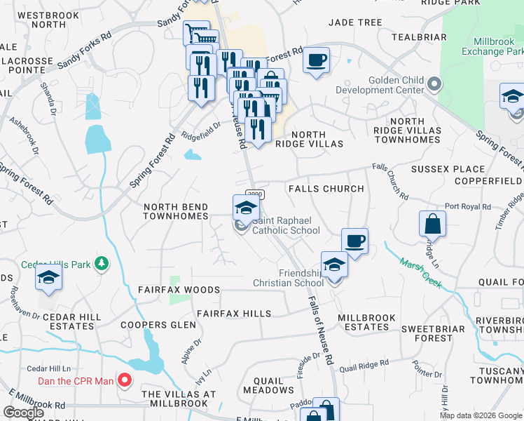 map of restaurants, bars, coffee shops, grocery stores, and more near in Raleigh