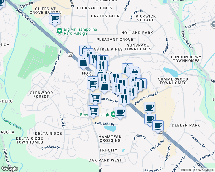 map of restaurants, bars, coffee shops, grocery stores, and more near 6802 Davis Circle in Raleigh