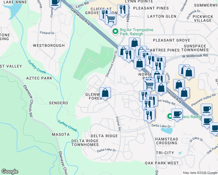 map of restaurants, bars, coffee shops, grocery stores, and more near 4618 Springerly Lane in Raleigh
