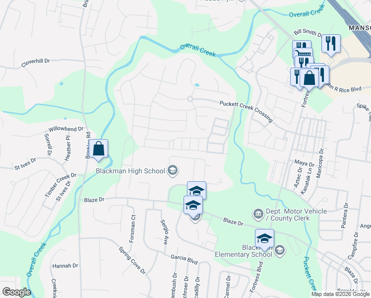 map of restaurants, bars, coffee shops, grocery stores, and more near 4407 Mordecai Avenue in Murfreesboro
