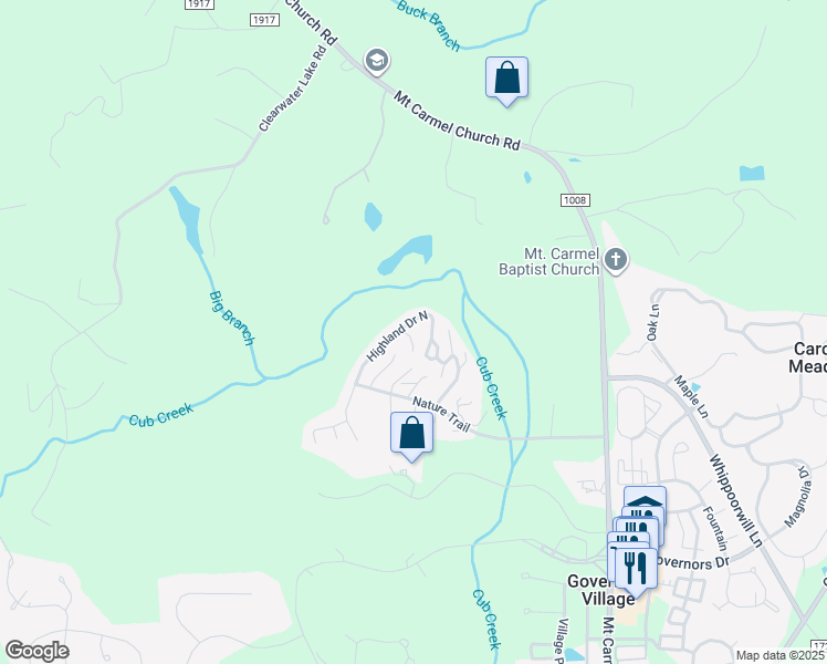 map of restaurants, bars, coffee shops, grocery stores, and more near 233 Highland Drive North in Chapel Hill