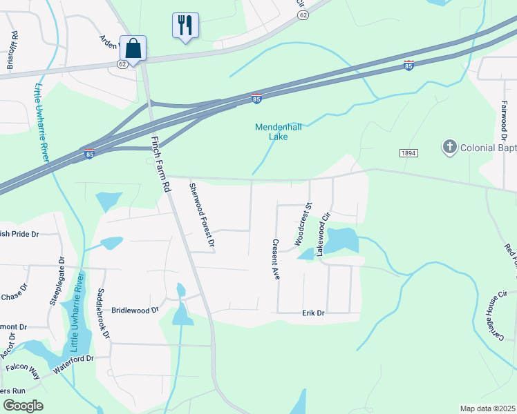 map of restaurants, bars, coffee shops, grocery stores, and more near 3996 Shadydale Acres Lane in Trinity