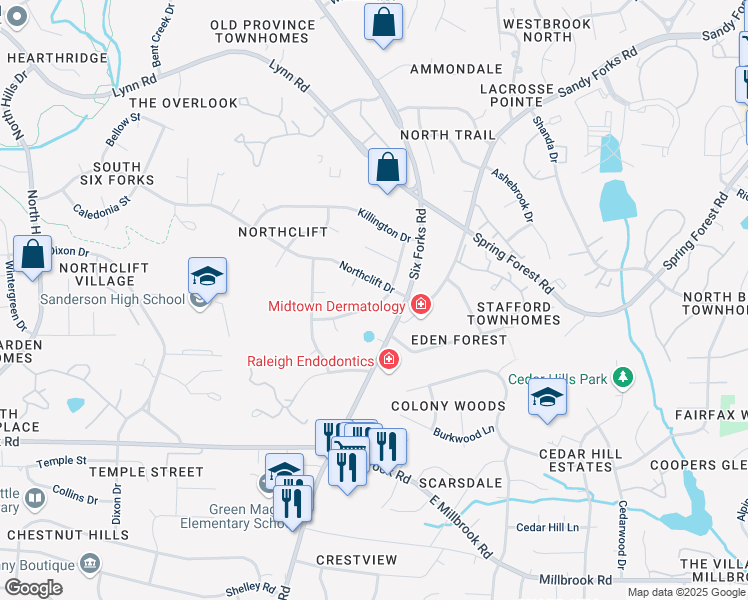 map of restaurants, bars, coffee shops, grocery stores, and more near 5909 Windham Drive in Raleigh