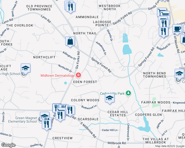 map of restaurants, bars, coffee shops, grocery stores, and more near 5812 Shawood Drive in Raleigh