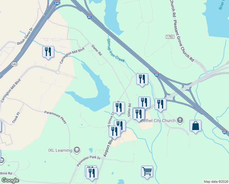 map of restaurants, bars, coffee shops, grocery stores, and more near 2801 Slater Road in Morrisville