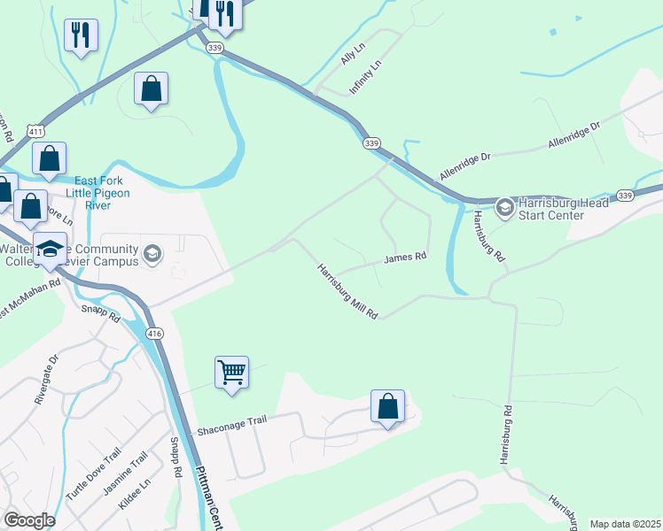 map of restaurants, bars, coffee shops, grocery stores, and more near 1715 Harrisburg Mill Road in Sevierville