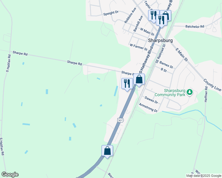 map of restaurants, bars, coffee shops, grocery stores, and more near Sharpe Road in Nash County