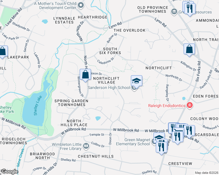 map of restaurants, bars, coffee shops, grocery stores, and more near 6013 Dixon Drive in Raleigh