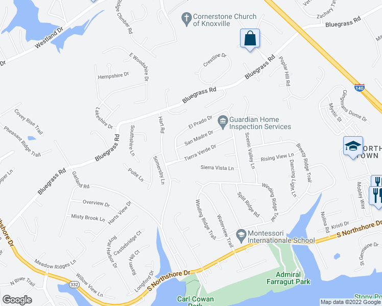 map of restaurants, bars, coffee shops, grocery stores, and more near 9941 Tierra Verde Drive in Knoxville