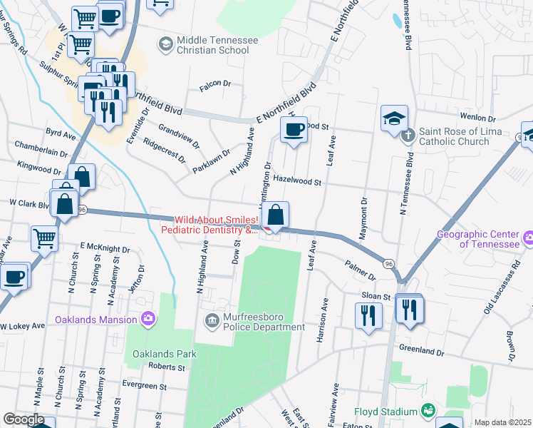 map of restaurants, bars, coffee shops, grocery stores, and more near 1402 Huntington Drive in Murfreesboro